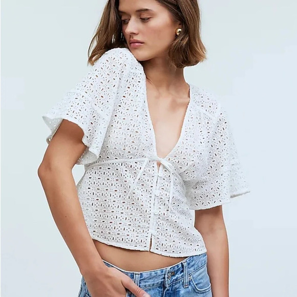 NWT Madewell Tie-Front Top in Eyelet Soft white XXS - Picture 2 of 14
